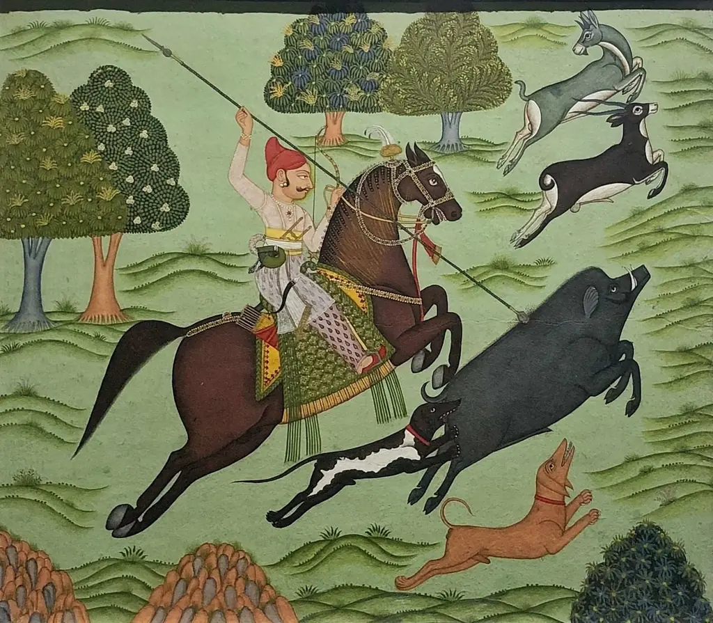बीकानेर शैली का लघुचित्र — सूअर का शिकार (केंद्रीय संग्रहालय, नागपुर)
