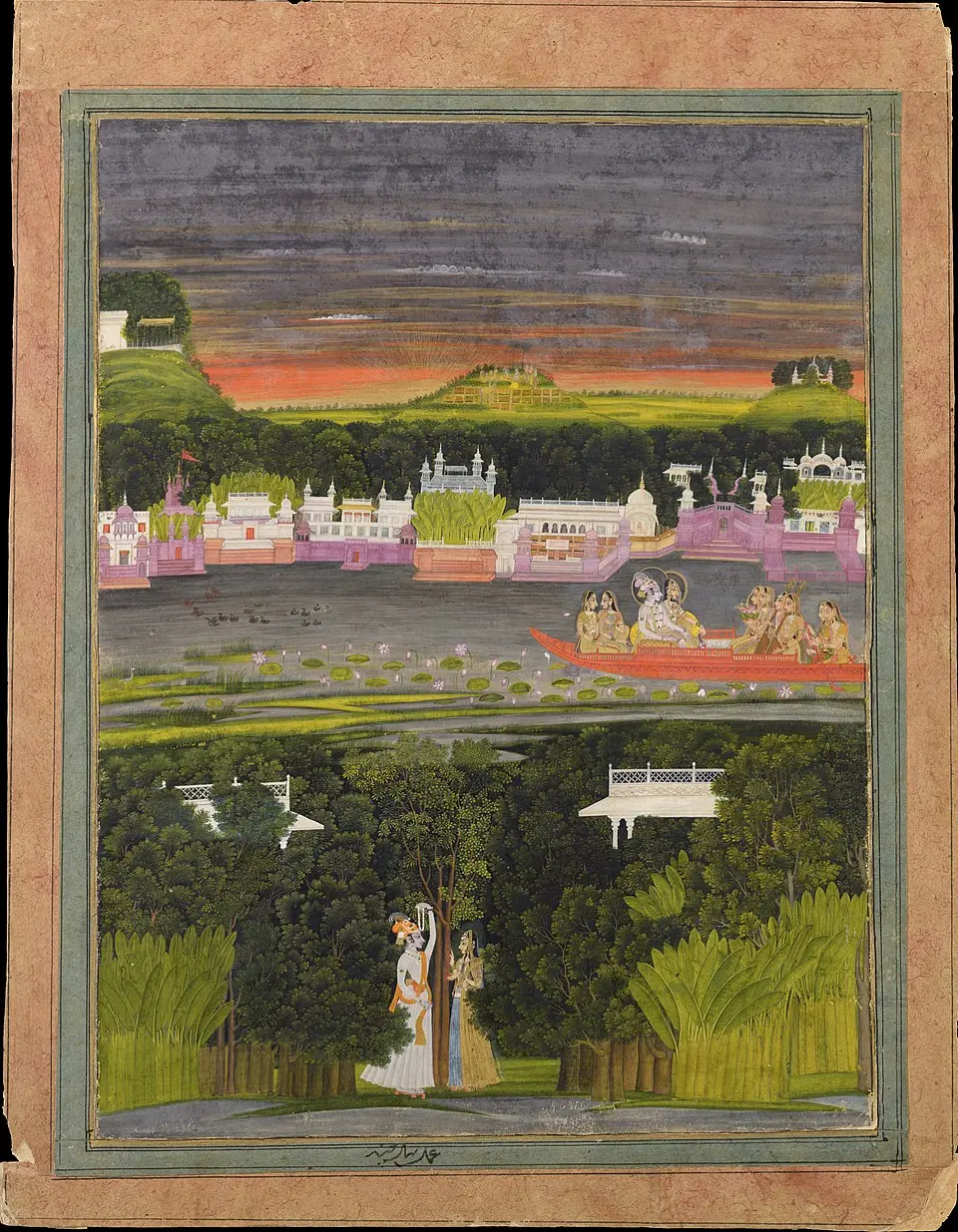 किशनगढ़ शैली — राधा-कृष्ण व झील-नौका, कोमल गुलाबी रंग